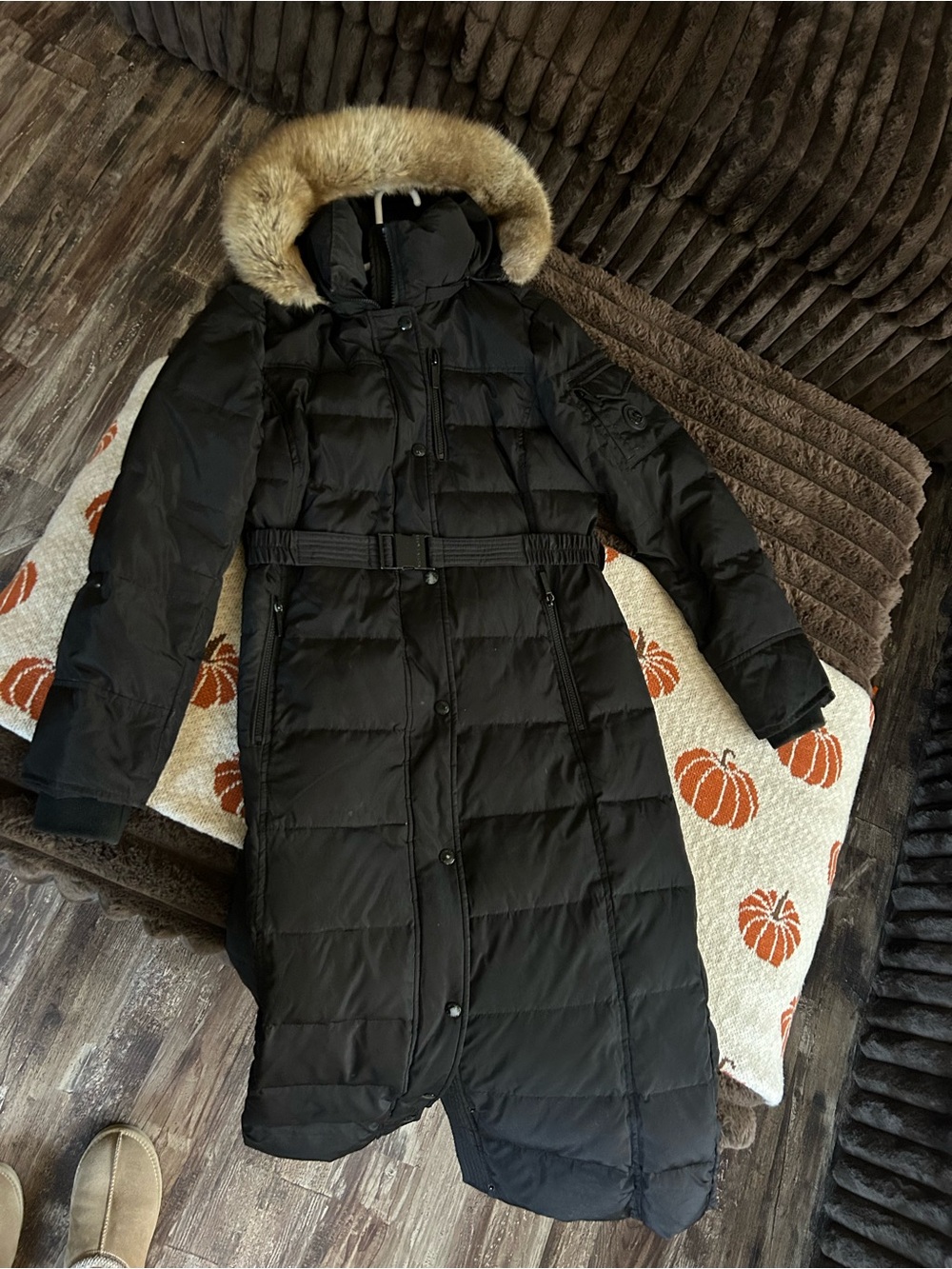 Michael Kors Black Long Puffer Coat with Faux Fur Trim